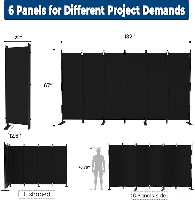 Room Divider, 6 Panel Upgraded Folding Privacy Screen, 132” Highly Secretive Separation with 4 Metal Feet, Partition Screen, Lightweight Freestanding Wall Divider Bedroom (Black)