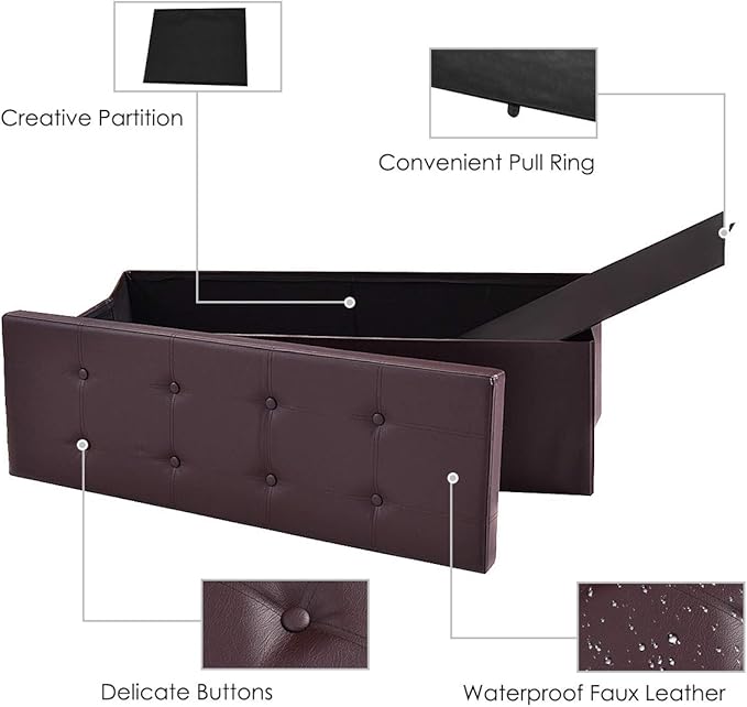 Giantex 45" Folding Storage Ottoman Bench, Storage Chest to Support 660lbs, 165L Storage Trunk Footrest Padded Seat Coffee Table for Bedroom Hallway, Faux Leather, Brown