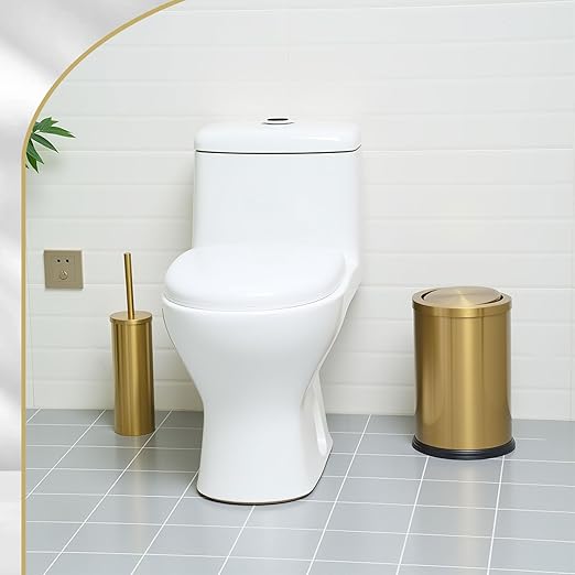 Maxdot 2 Pcs Gold Bathroom Trash Can with Flipping Lid 2.4 Gallon/9.1 L and Toilet Brush Set, Small Stainless Steel Garbage Trash Can Toilet Cleaner Brush Wastebasket Bin for Bathroom Bedroom Office