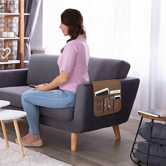 NB Sofa Armrest Organize remote holder bedside caddy organizer with 5 pockets，non-slip couch remote control holder couch armchair caddy accessories (Flaxen, 35"x12.4")