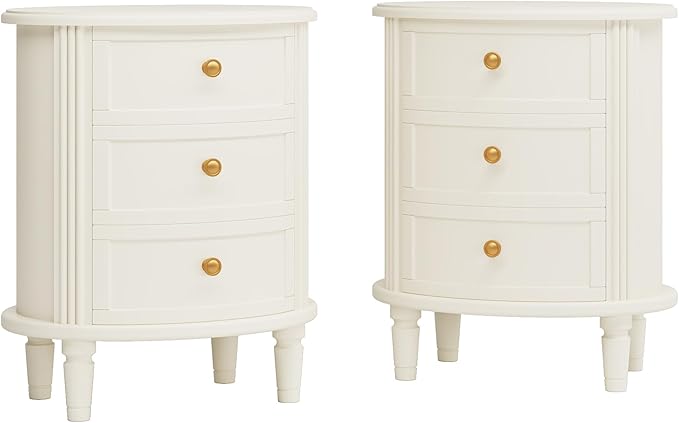 Tribesigns Nightstand with 3 Drawers, Set of 2, Oval Bed Side Table for Bedroom, Fully Assembled, Wooden Side End Table with Solid Wood Legs for Living Room, Beige White