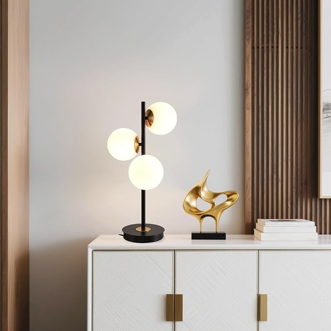 3-Light Black and Gold Table Lamp, Milk White Glass Globe Table Lamp for Nightstand, Mid Century Modern Bedside Lamps for Bedroom Living Room Office, G9 Base (Bulbs Not Included)