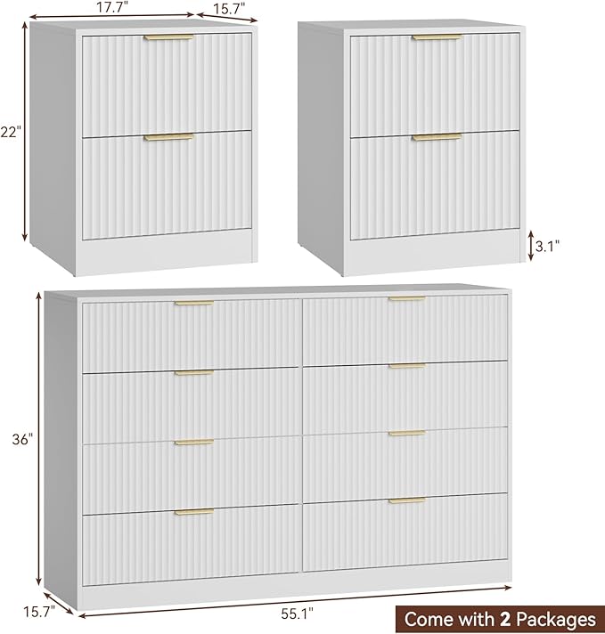 8 Drawer Dresser & Nightstand Set 3-Piece, 55” Wide Fluted Dresser and Night Stand Set of 2 with Metal Handle, Modern Wood Chest of Drawers Storage Dressers Set for Bedroom, White