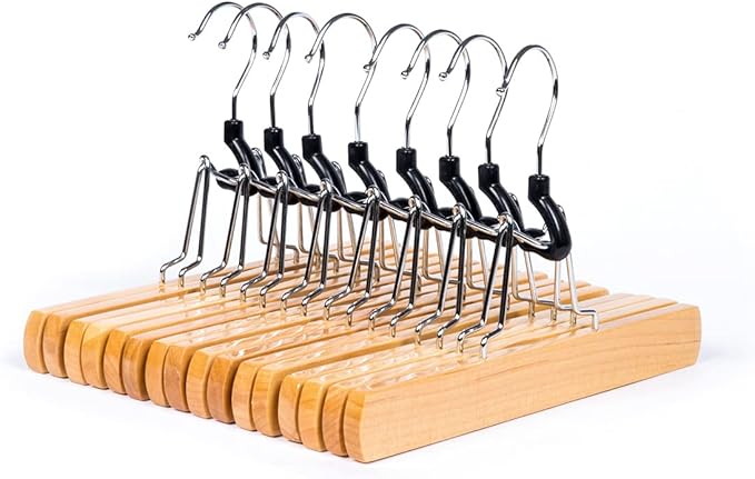 Amber Home 10 Pack Natural Wooden Pants Hangers, Wood Clamp Hangers with Non Slip Padded Velvet, Jeans/Slacks Hangers Hair Extension Hangers for Skirts, Trousers, Wigs (Natural, 10)