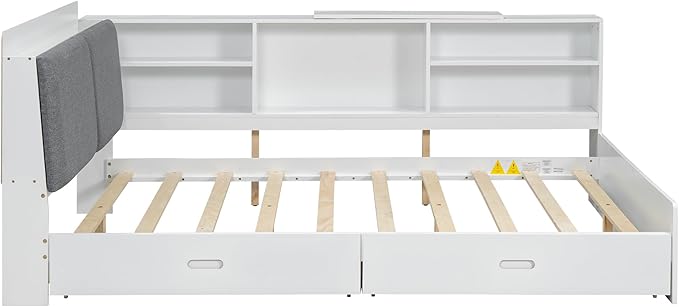 Ball & Cast Full Size Wooden Storage Daybed Frame, Modern Platform Bed with Drawers & Flip Headboard & Shelves, L Shaped Full Floor-Bed w/Upholstered Headboard&Storage, No Box Spring Needed, White