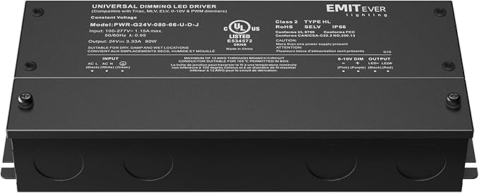 EMITEVER Dimmable Led Driver, 80W AC 110V-277V to DC 24V Transformer, 5-in-1 Dimming: ELV/MLV/TRIAC / 0-10V / 1-10V / 10V PWM/Potentiometer,Class 2,Waterproof IP67 and UL Listed，Class 2
