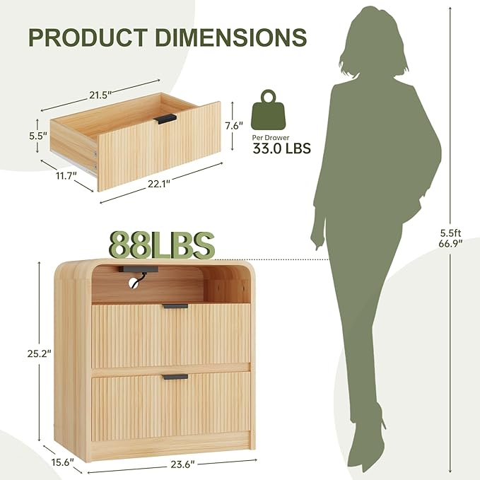 FURSUN 24" Fluted Nightstand Set of 2 with Charging Station, Wooden End Table with 2 Drawers Storage, Curved Profile Design, Modern Bedside Cabinet for Bedroom, Natural Oak