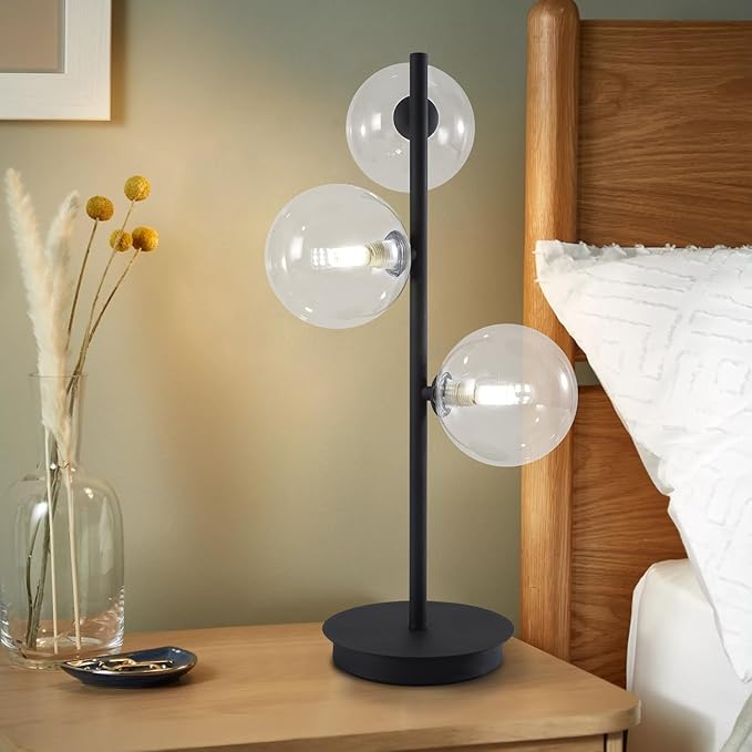3-Light Black Table Lamp, Mid Century Nightstand Lamp with Clear Glass Globe Shade, Contemporary Bedside Lamp for Bedroom Living Room Study Room