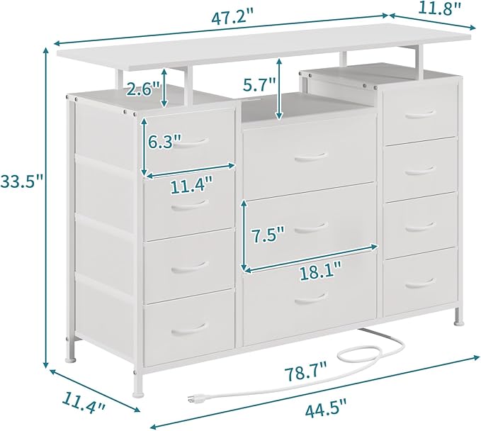 LUMTOK 11 Drawers Dresser with Fabric Drawers,Charging Station, LED Lights and Shelves for Bedroom Storage Organization