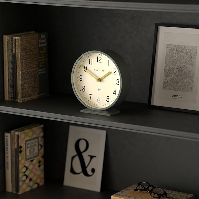 NEWGATE® Q Mantel Clock | Modern Classic Round Mantel Clock | Asparagus Green | Contemporary Style for Mantel, Desk, Table, Shelf or Bedside