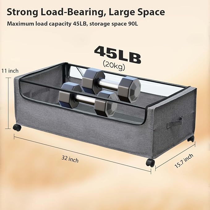 Under Bed Storage with Wheels, Rolling Under bed Storage with Metal Frame, Under Bed Shoe Storage for Space Saving, Zippered Clear Lid, Heavy-Duty Steel Base for Clothes,4XL 90L