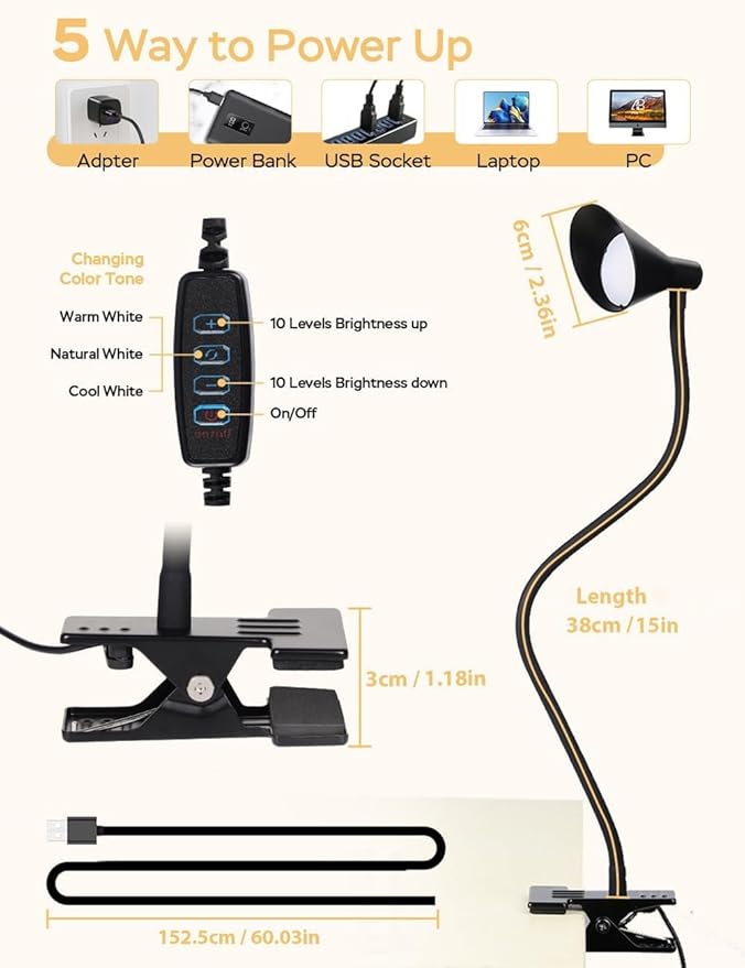 Clip on Light USB Reading Light, Eye Care Dimmable Reading Lamp 3 Color & 10 Brightness Levels Flexible Gooseneck Clip on Lamp for Bed Headboard Desk Bedside Dorm - Black