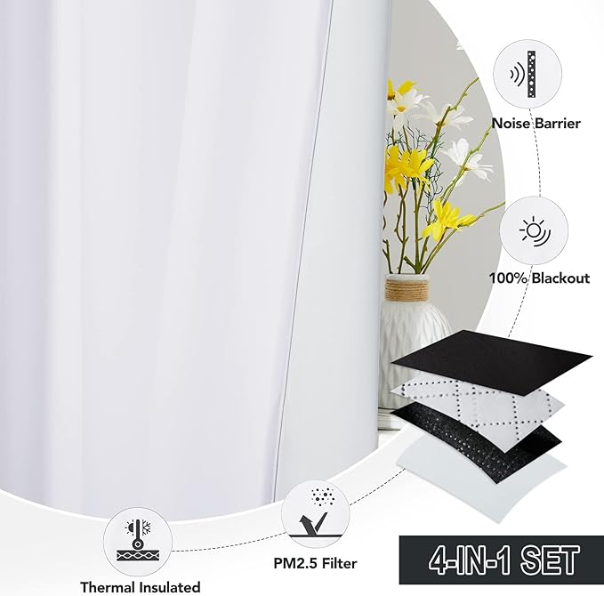 RYB HOME 100% White Blackout Curtains, Anti Dust Small Particle Mountain Fires Smog Filter Drapes Noise Reducing Energy Effieient Window Dressing for Furance Nursery Bedroom, W52 x L63 inch, 2 Panels