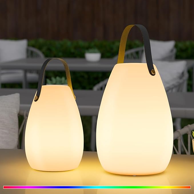 uuffoo 2 Pack Portable Outdoor Table Lamp - Dimmable Rechargeable Night Lights w/ Remote and 7 RGB Colors, IP44 Water-Resistant Hanging Lantern for Patio, Tent, Bedroom, Garden, Emergency