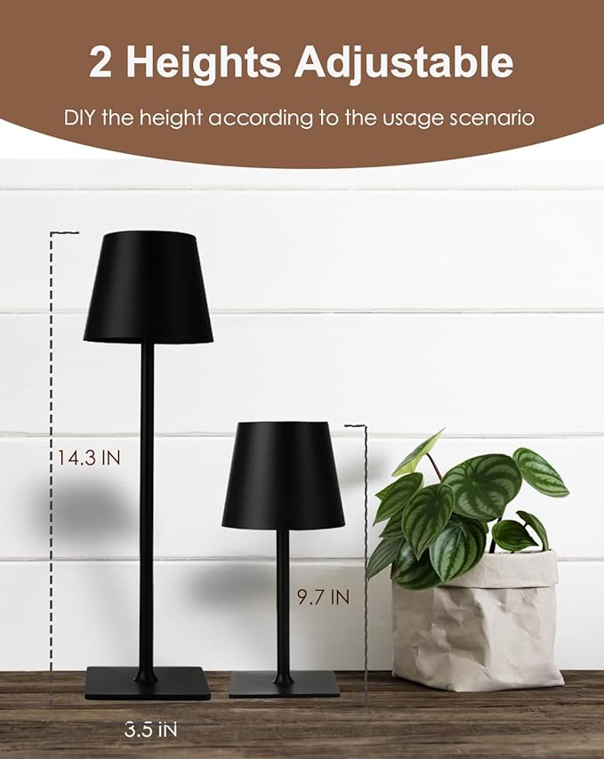 Cordless Table Lamp, Rechargeable Table Lamp with Touch Dimmable Control, Portable LED Desk Lamp for Indoor Patio (Black-Rectangle, 2)