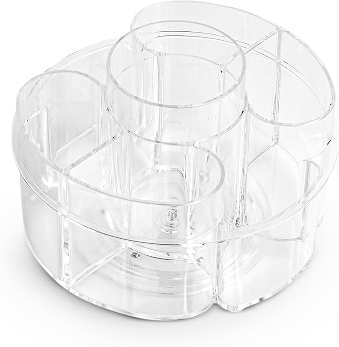 Masirs Small Rotating Makeup Organizer - Mini Yet Spacious Cosmetic Storage Solution with Multiple Compartments - The Perfect Spinning Make-Up Caddy for Vanity or Bathroom Counter (Round - Clear)