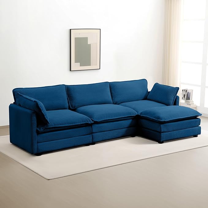 ROWHY Oversized Modular Sectional Sofa with Movable Ottoman, 112 Inch 4 Seat Modern Corduroy Sofa Set, Convertible L Shaped Couch for Living Room and Office, Navy Blue