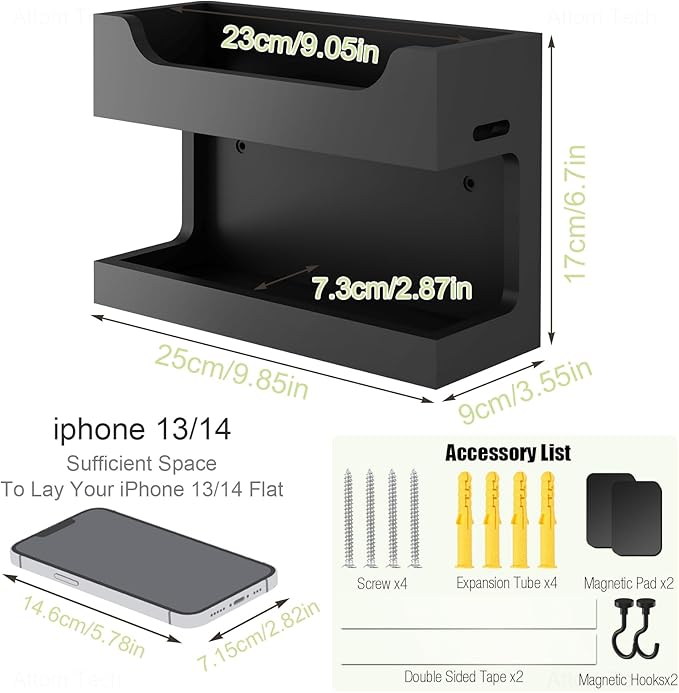 NiHome Wall Mounted Wooden Bedside Accessories Organizer, Double Tray Bedside Storage Shelf Rack with Magnetic Hooks, Bedroom Dorm RV Wall Caddy Holder for Phone Glasses Alarm Clock Remote (Black)