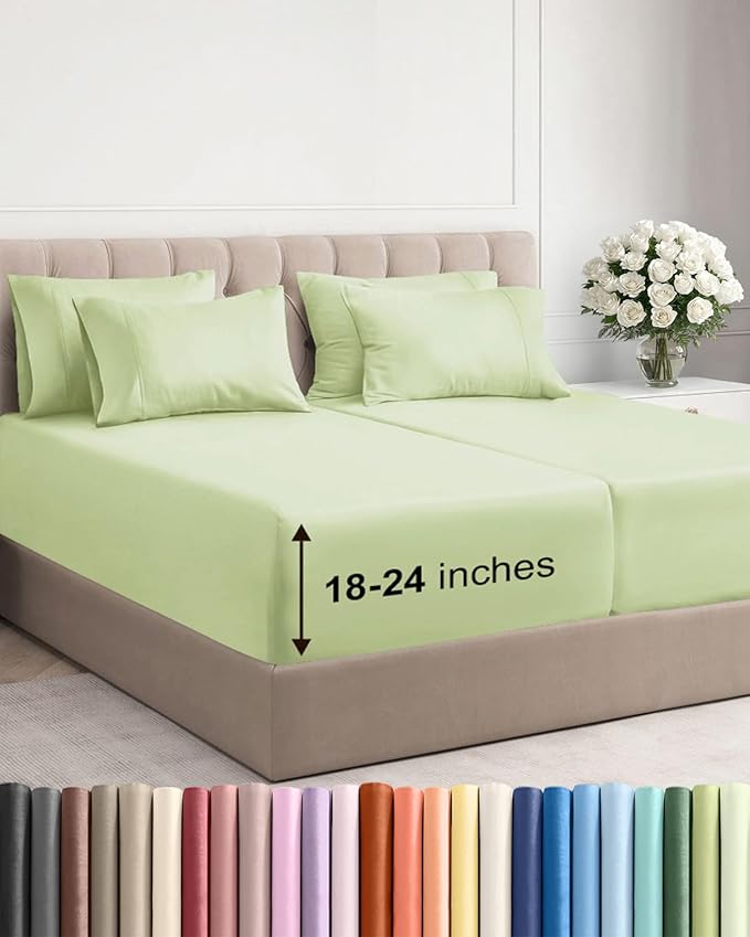 Extra Deep Split King Sheet Set - 7 Piece Breathable & Cooling Sheets - Hotel Luxury Bed Sheets Set - Easy Fit - Soft, Wrinkle Free & Comfy Sheets Set - Light Sage Sheet Set with Extra Deep Pockets