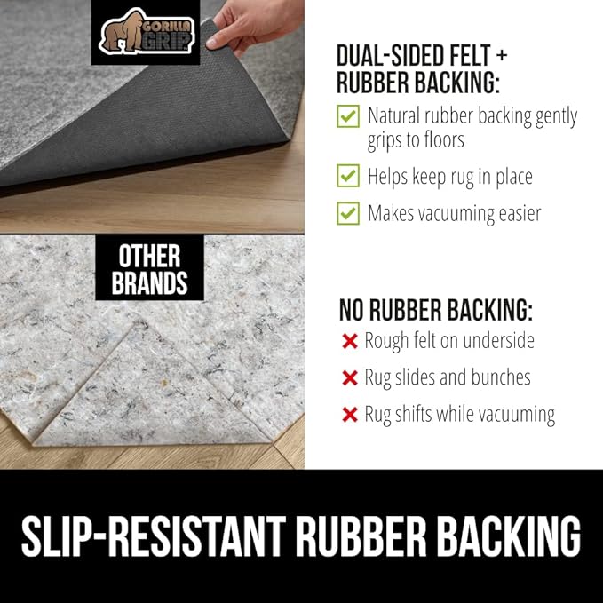 GORILLA GRIP Felt and Natural Rubber Stay in Place Slip Resistant Rug Pad, 1/4in Thick, 7x10 FT Protective Padding Under Area Rugs, Cushioned Gripper Pads, Carpet Runners, Hardwood Floors Protection