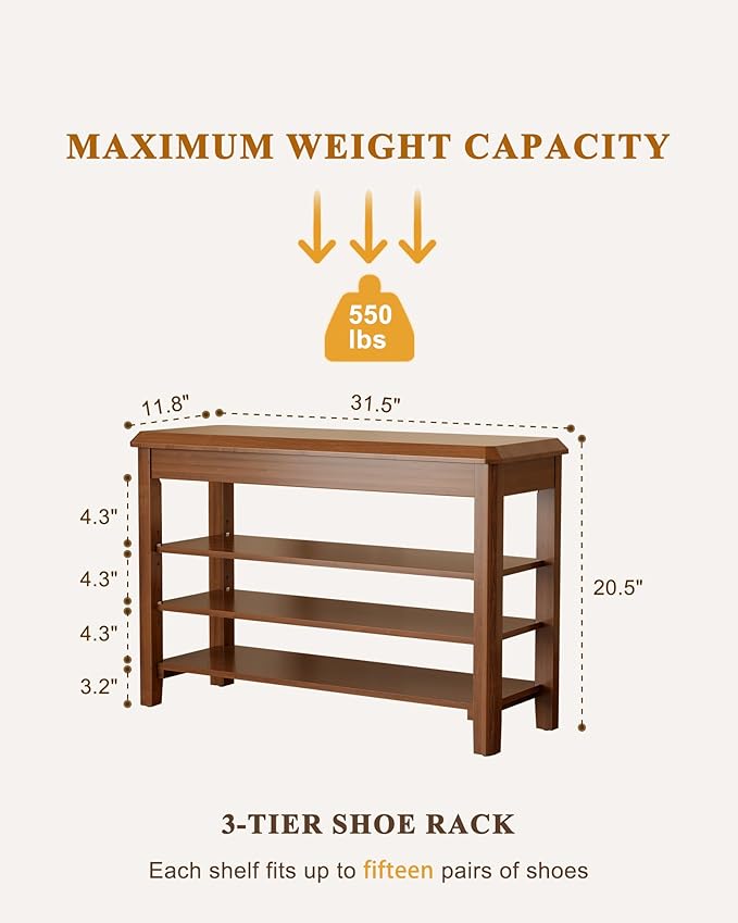 Shoe Rack Bench Seat Rubberwood 3-Tier Wooden Storage Bench 550lbs Compact Mid-Century Modern Design for Entryway, Hallway, Closet, Front Door Entrance, Foyer