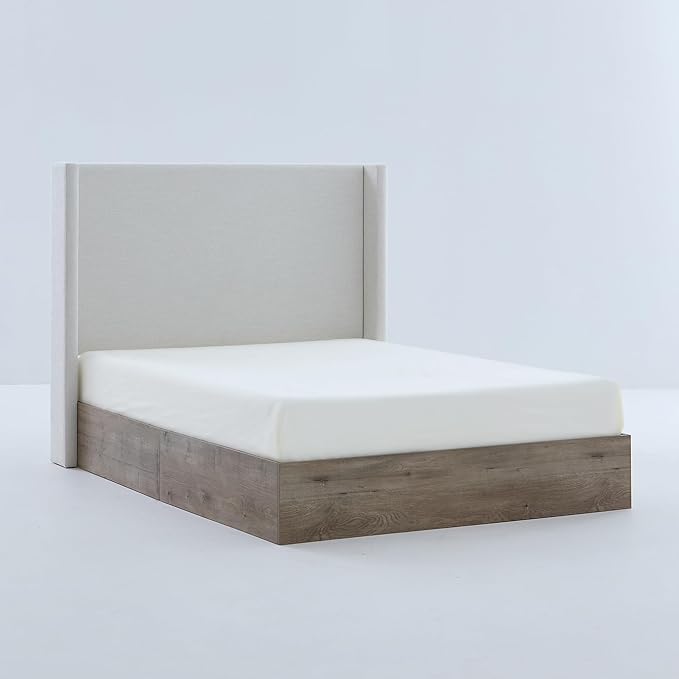 Queen Size Upholstered Bed Frame, 54" Tall Headboard Shelton Wingback Bed Frames, Wood Base Platform Beds, No Box Spring Needed No Noise, Rustic Modern Farmhouse,Textured Ivory Canvas Chenille
