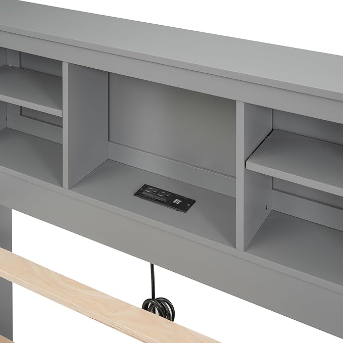 Platform Bed with Storage Headboard, USB, Twin Size Trundle and 3 Drawers, Twin Size, Gray