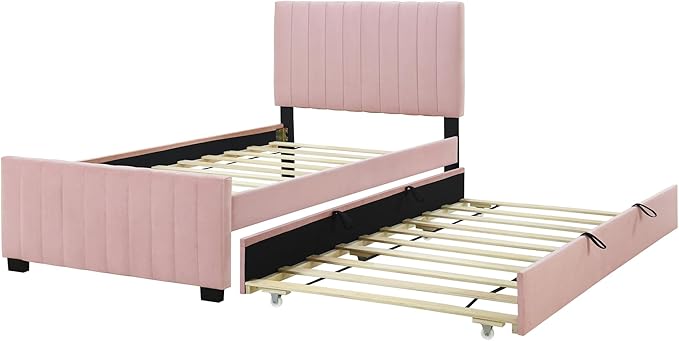 Twin Size Bed Frame with Trundle Bed,Velvet Upholstered Bed Frame,Twin Size Trundle Bed with Headboard,Upholstered Platform Bed Twin for Kids Teens Adults(Pink)