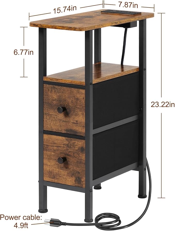 LOAKEKEL Narrow End Table Living Room with Charging Station, Skinny Side Table with Fabric Drawers, Slim Nightstand for Bedroom, Small Spaces, Couch, Brown, HETNDP02BR-1