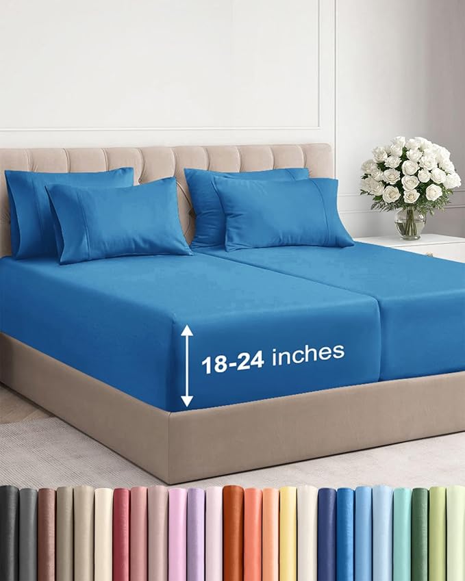 Extra Deep Split King Sheet Set - 7 Piece Breathable & Cooling Sheets - Hotel Luxury Bed Sheets Set - Easy Fit - Soft, Wrinkle Free & Comfy Sheets Set - Denim Blue Sheet Set with Extra Deep Pockets