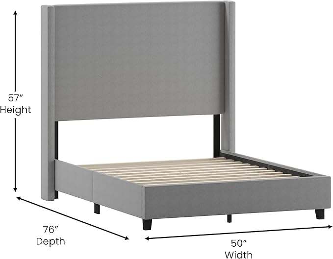 EMMA + OLIVER Nora Full Size Faux Linen Upholstered Platform Bed with Plush Padded Wingback Headboard (No Box Spring Needed), Modern Upholstered Headboard Full Bed Frame, Gray