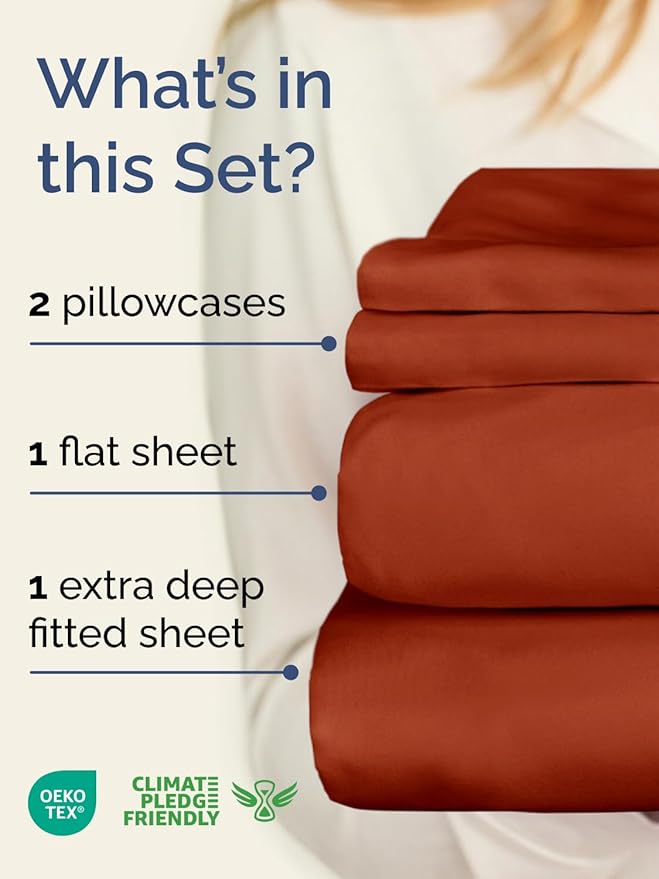 Extra Deep Twin Sheet Set - 4 Piece Breathable & Cooling Sheets - Hotel Luxury Bed Sheets Set - Easy & Secure Fit - Soft, Wrinkle Free & Comfy Sheets Set - Terracotta Sheet Set with Extra Deep Pockets