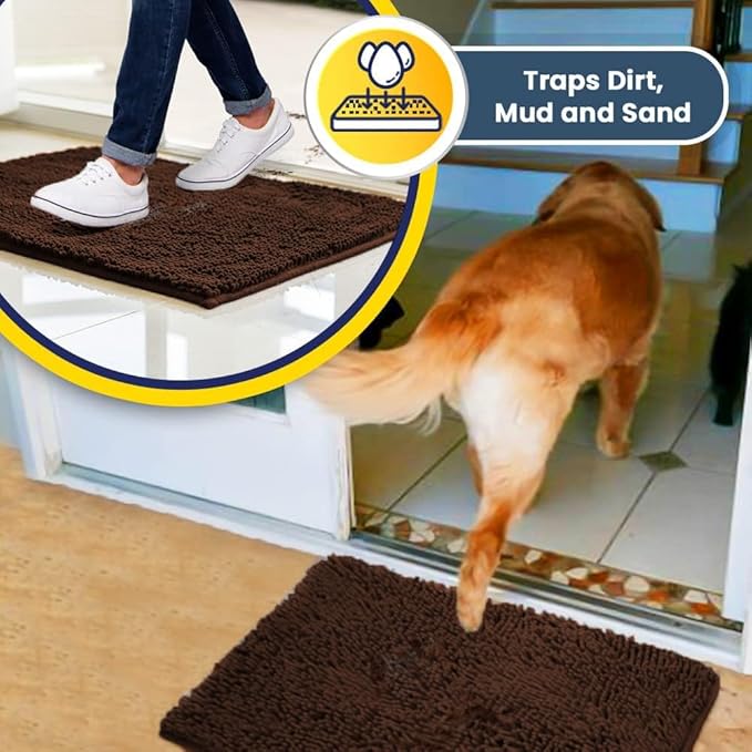 Muddy Mat® Shown on TV – Super Absorbent Microfiber Dog Door Mat for Muddy Paws, Non-Slip Washable Pet Rug, Quick Dry Chenille Entryway Carpet, Machine Washable Indoor Outdoor mat, Brown 59"x35"