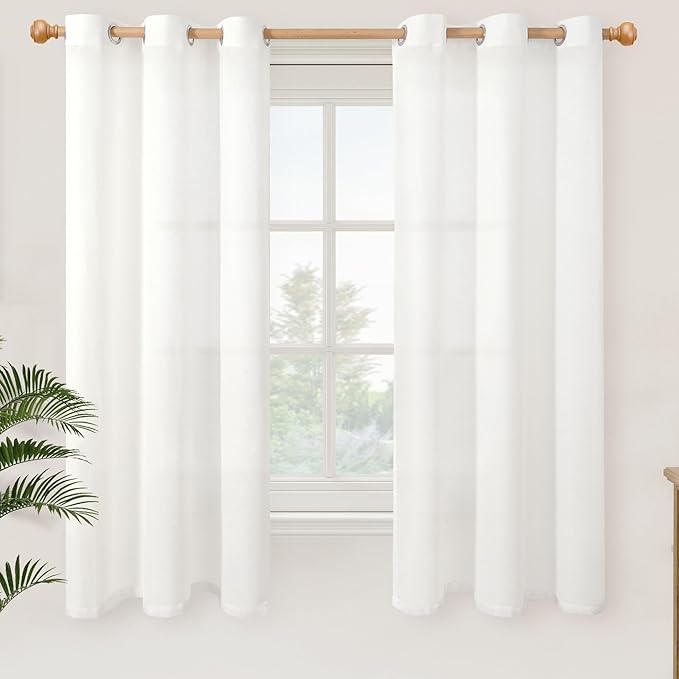 YoungsTex White Linen Semi Sheer Curtains 63 Inch Length 2 Panels, Grommet Light Filtering Drapes Textured Window Treatments for Bedroom Living Room Lightweight, 42 X 63 Inch