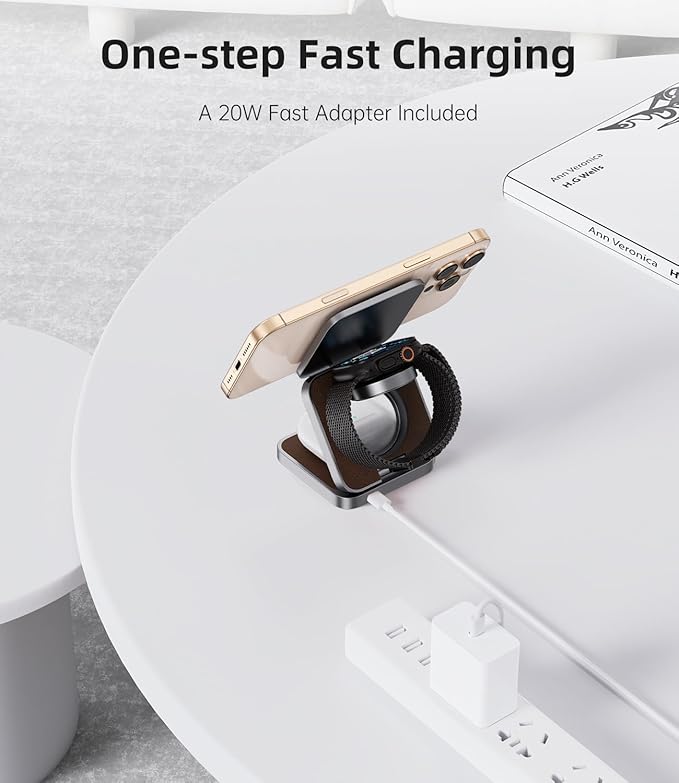 Foldable Magnetic Wireless Charger, KU XIU Aluminum Alloy 3 in 1 Charging Station for Apple, Fast Charging Travel Charger for iPhone 17 16 15 14 13, 5W for Apple Watch Ultra, AirPods, Leather Texture