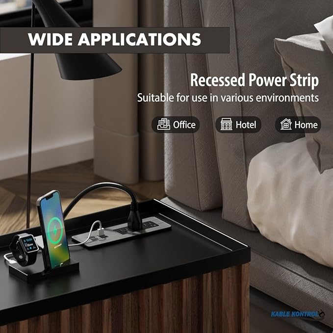 Kable Kontrol Recessed Power Strip Kit with Fast Charging 2 PD65W USB-C Ports, 2 USB-A Ports, 3 Power Desk Outlets, Replaceable Wooden Finish Panel Plate Flush Mount Charging Station Grommet - 20 Pcs