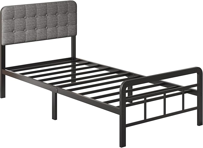 12 Inch Twin XL Bed Frames with Upholstered Headboard and Metal Footboard, No Box Spring Needed, Heavy Duty XL Twin Metal Mattress Foundation, Noise Free, Easy Assembly