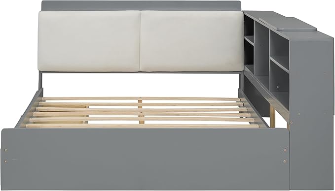 Ball & Cast Full Size Wooden Storage Daybed Frame, Modern Platform Bed with Drawers & Flip Headboard & Shelves, L Shaped Full Floor-Bed w/Upholstered Headboard&Storage, No Box Spring Needed, Gray