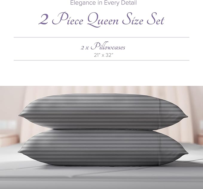 Carressa Linen 100% Egyptian Cotton Pillow Cases Queen Size Set of 2 - Luxury 600 Thread Count Stripe Dark Grey Standard/Queen Size Pillowcases, Soft, Cooling Hotel Quality Damask Pillow Cover