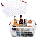 LeleCAT Large white wire baskets with Wooden Handles for storage pantry, Storage Organizer Baskets, Household Refrigerator for Cabinets, Closets, Bedrooms, kitchen - Set of 2（White）