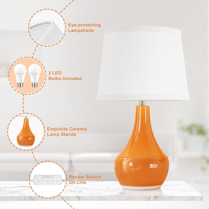 Seealle Modern Ceramic Table Lamps for Night Stands - Bedside Lamps Set of 2 for Nightstand,Orange Bedroom Lamp for Living Room Cute Desk End Table Office Guest Room Dresser Rocker Swtich