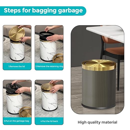 4 Gallon / 15L Trash Can Bathroom with Swing Lid, Grey Gold Garbage Can, Leather Modern, Large Office Waste Basket, for Bedroom, Kitchen, Powder Room, Hotel, Business(15L Grey)