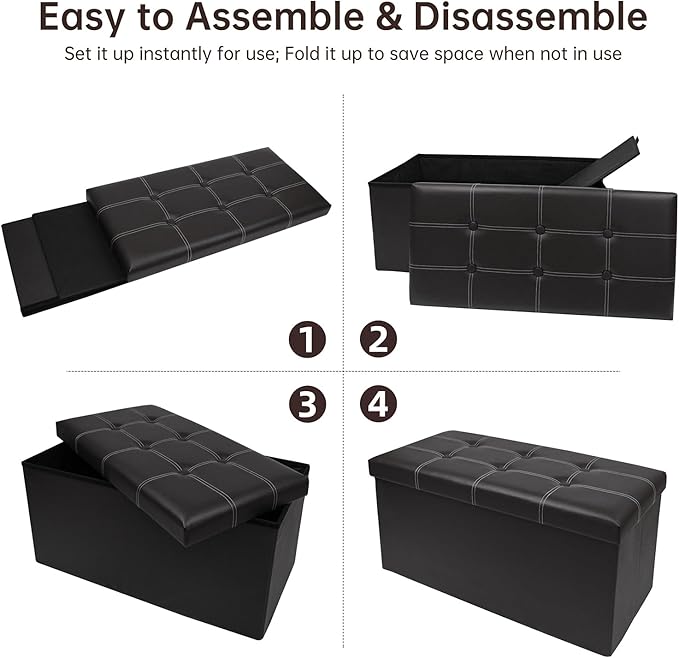xupersodys 30 Inches Folding Storage Ottoman Bench, Faux Leather Footrest Ottoman, Storage Trunk Footstool for Bedroom, Living Room and Hallway, Support 350lbs, Black (White line)