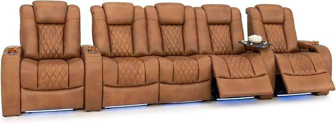 Seatcraft Diamante Zero-Gravity CoolZero Italian Leather Home Theater Seating, Power Headrest, Power Recline, Row of 5 Middle Sofa, Tawny