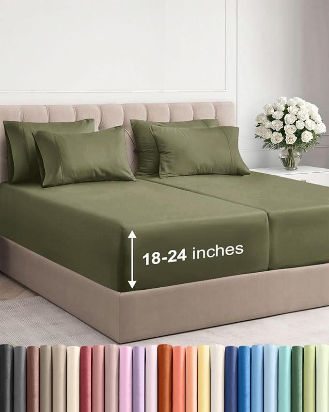 Extra Deep Split King Sheet Set - 7 Piece Breathable & Cooling Sheets - Hotel Luxury Bed Sheets Set - Easy Fit - Soft, Wrinkle Free & Comfy Sheets Set - Sage Green Sheet Set with Extra Deep Pockets