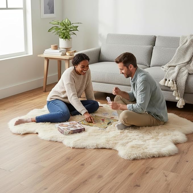 Super Area Rugs Premium Genuine Sheepskin Rug 5' x 6' Long Fur Soft & Natural Shaggy Living Room Rug, Champagne Cream, Six Pelt