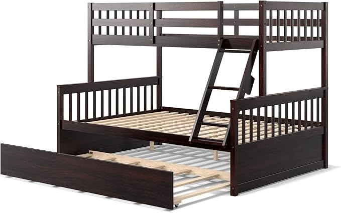 KOMFOTT Wood Twin Over Full Bunk Bed with Trundle, Bed Frame with Solid Pine Wood Frame, Space-Saving Bunk Bed with Ladder & Safety Guardrails, No Box Spring Needed