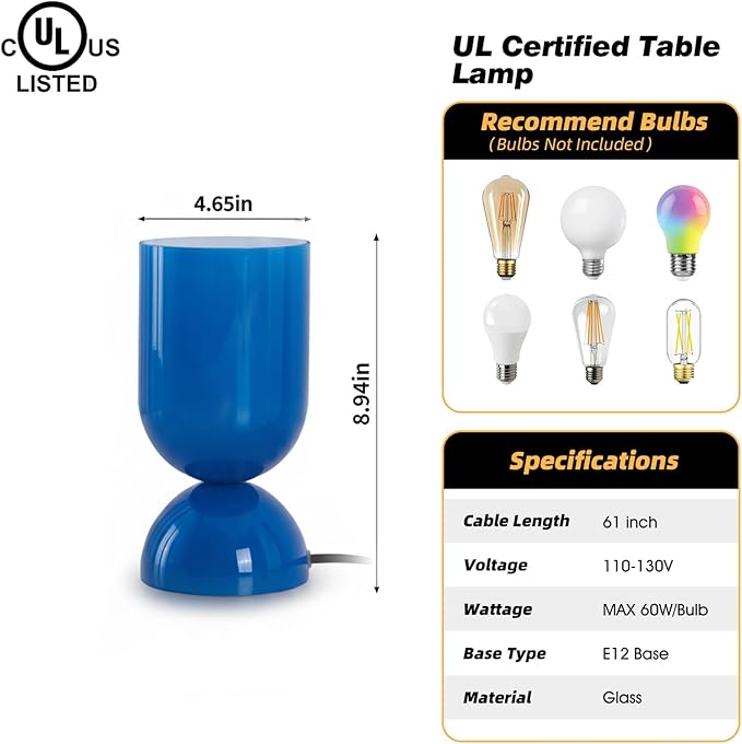 8.9" Modern Glass Table Lamp for Living Room, Dimmable Desk Lamps for Bedroom, UL Listed Nightstand Lamp with Dome Base, End Table Lamps for Home, Side Tables, College Dorm, Office, Glossy Blue