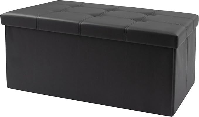 xupersodys 30 Inches Folding Storage Ottoman Bench, Faux Leather Footstool Ottoman, Storage Trunk Footrest for Bedroom, Living Room and Hallway, Support 350lbs, Black（Black line）