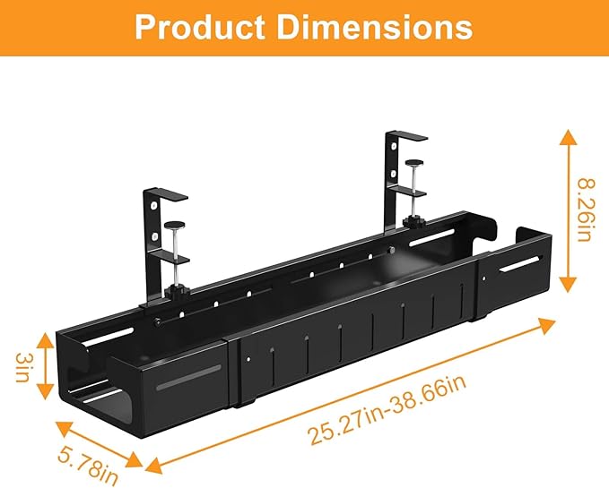 REALINN Under Desk Cable Management Tray Black, Expandable 25.27"-38.66" Sturdy Steel Desk Cord Hider Raceway for Office/Home